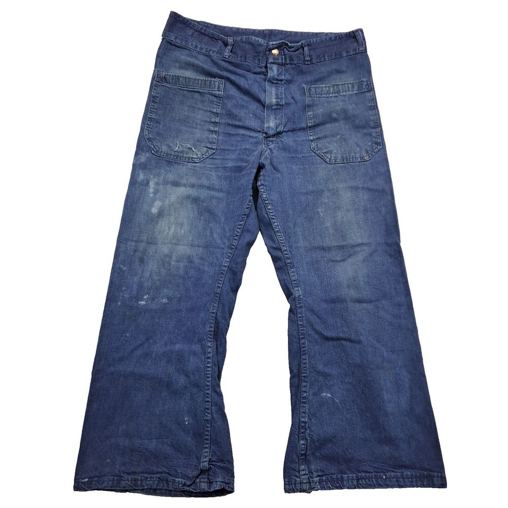 Vintage Seafarer Jeans Mens 34x25 Blue Bell Bottom Flare Navy Dungaree Zip